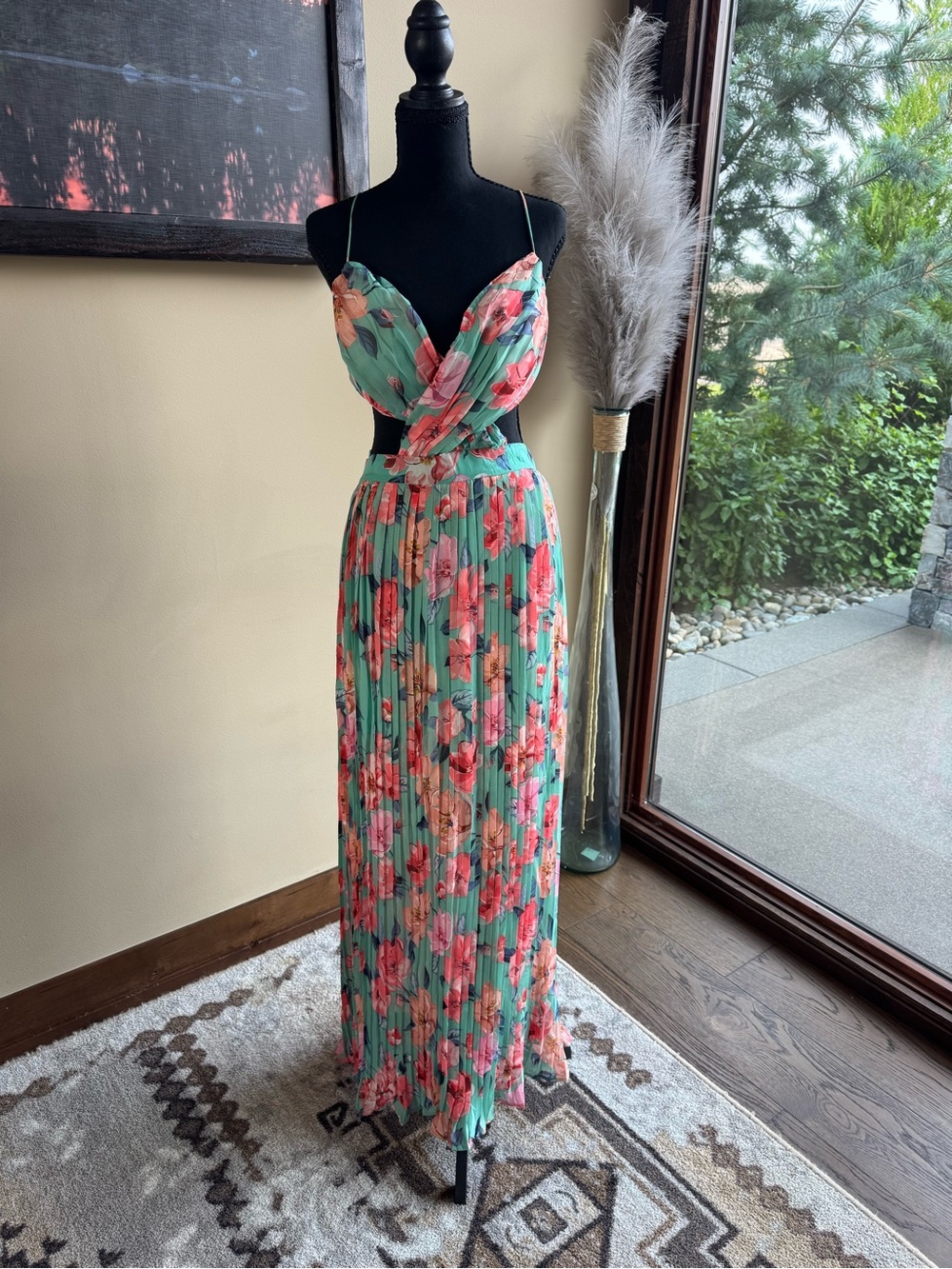Miss Avenue Floral Pleated Maxi Dress in Green and Pink